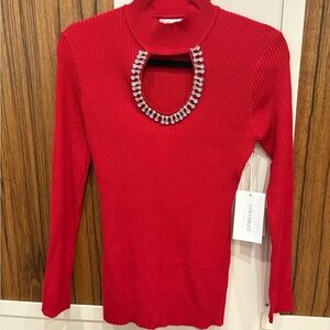 Metrostyle Elegant Red Long Sleeve Top with Beaded Detail